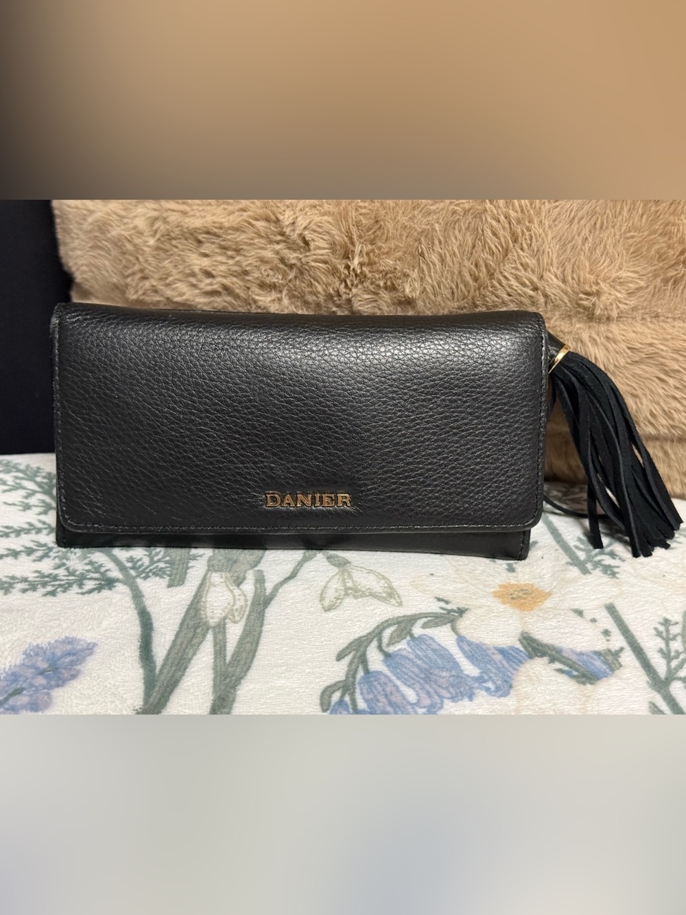 DANIER Black Pebbled Leather Trifold Continental Wallet with Tassel